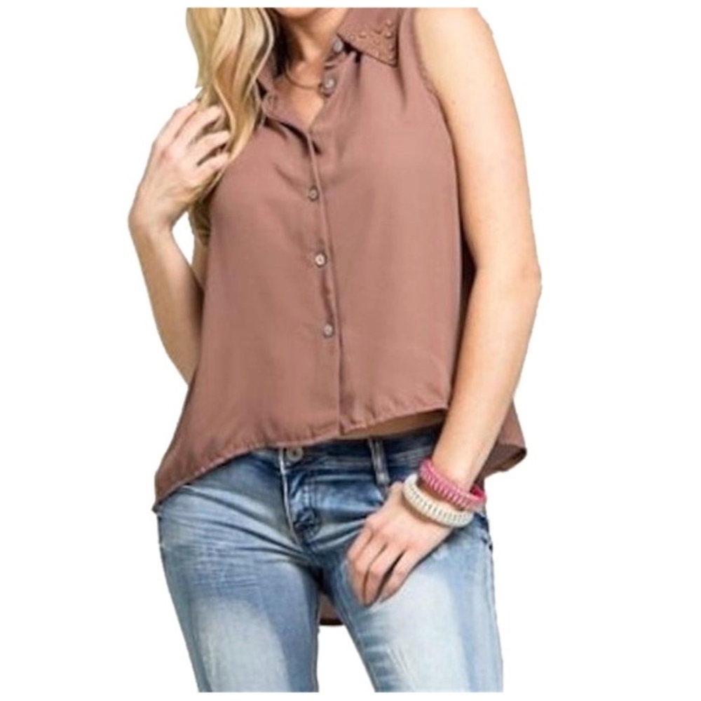 Button Down Stud Collar High Low Top Blouse